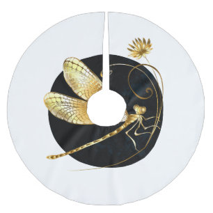 Golden dragonfly in black circle brushed polyester tree skirt