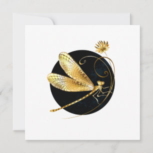 Golden dragonfly in black circle card