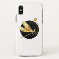 Golden dragonfly in black circle