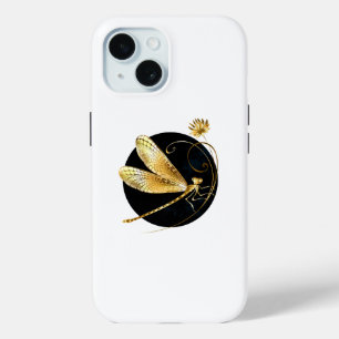 Golden dragonfly in black circle iPhone 15 case
