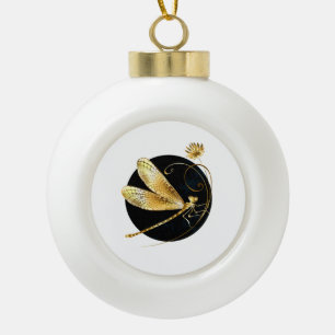 Golden dragonfly in black circle ceramic ball christmas ornament