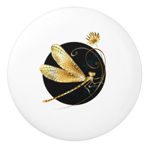 Golden dragonfly in black circle ceramic knob