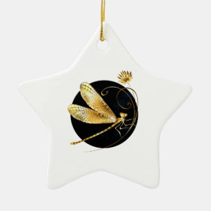Golden dragonfly in black circle ceramic ornament