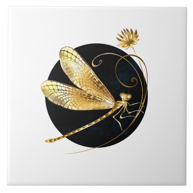 Golden dragonfly in black circle ceramic tile (Front)