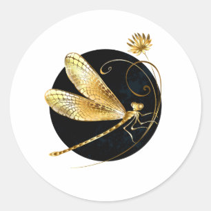 Golden dragonfly in black circle classic round sticker