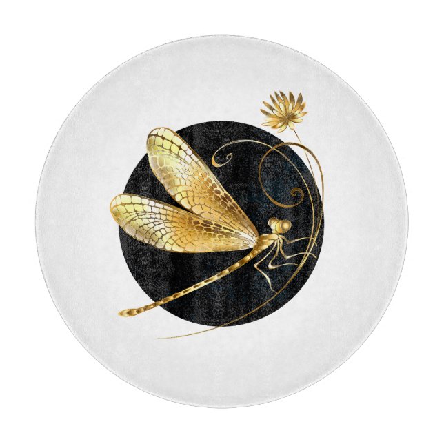 Golden dragonfly in black circle cutting board (Front)