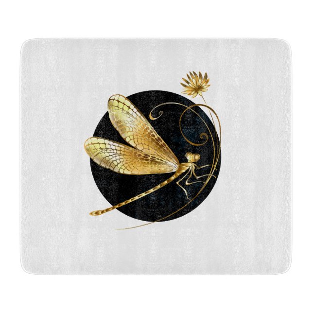 Golden dragonfly in black circle cutting board (Front)