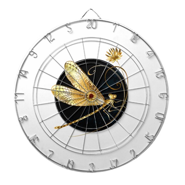 Golden dragonfly in black circle dartboard (Front)