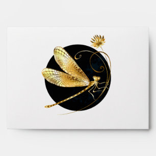 Golden dragonfly in black circle envelope