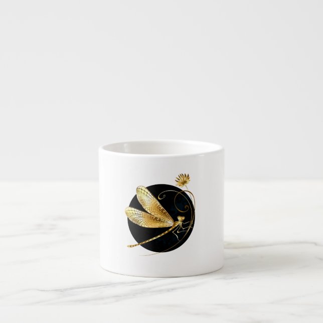 Golden dragonfly in black circle espresso cup (Front)