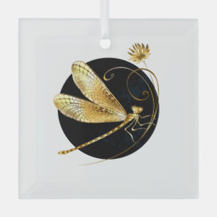Golden dragonfly in black circle glass tree decoration