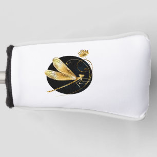 Golden dragonfly in black circle golf head cover