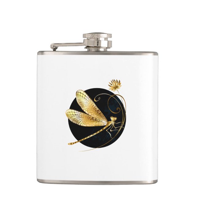 Golden dragonfly in black circle hip flask (Front)