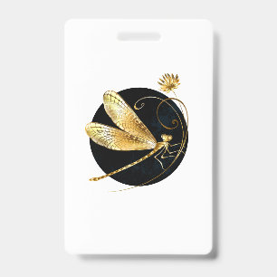 Golden dragonfly in black circle ID badge