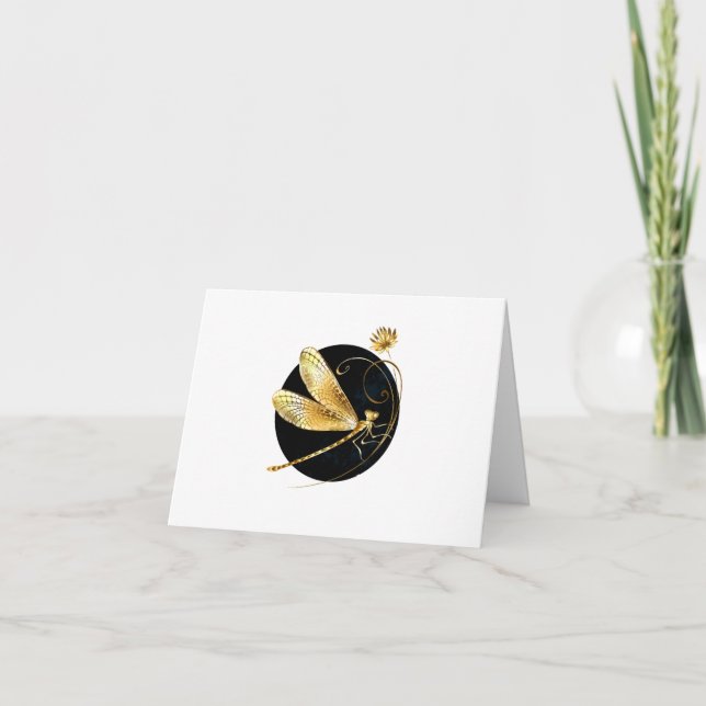 Golden dragonfly in black circle invitation (Front)