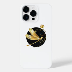 Golden dragonfly in black circle iPhone 14 pro max case