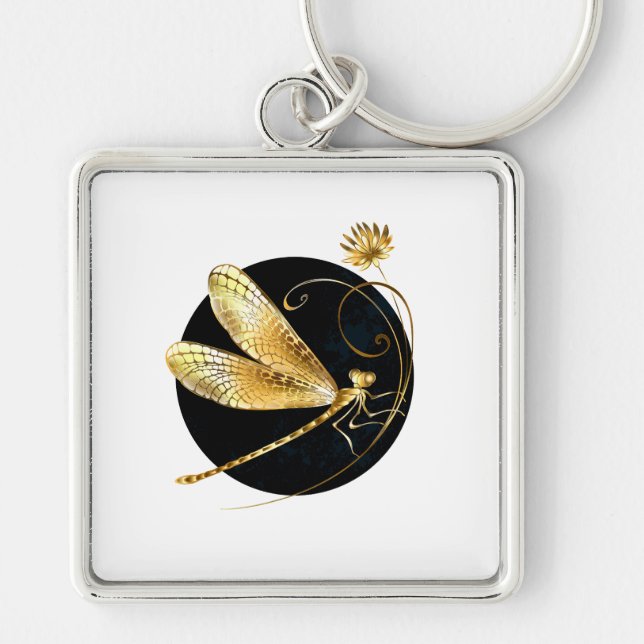 Golden dragonfly in black circle key ring (Front)