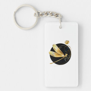 Golden dragonfly in black circle key ring