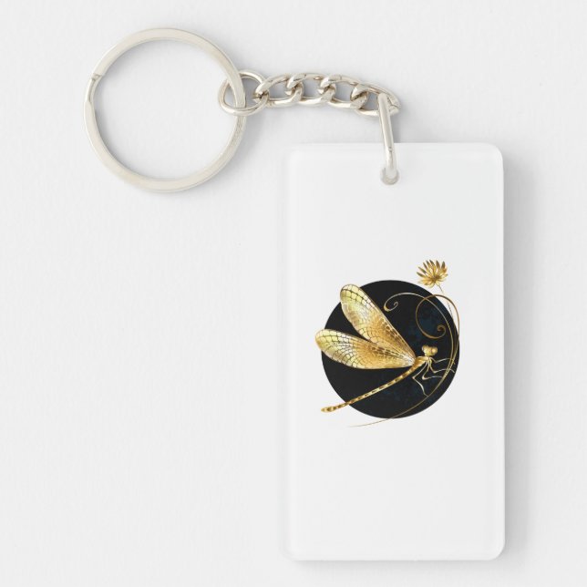 Golden dragonfly in black circle key ring (Front)