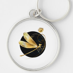 Golden dragonfly in black circle key ring