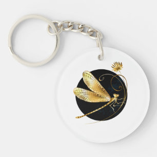 Golden dragonfly in black circle key ring