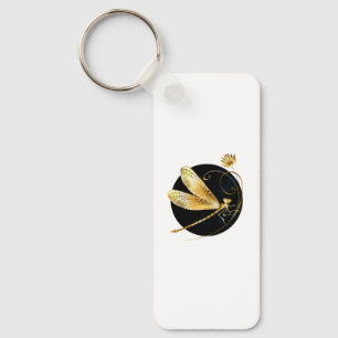 Golden dragonfly in black circle key ring