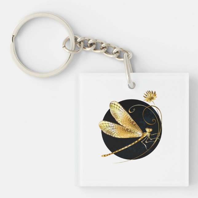 Golden dragonfly in black circle key ring (Front)