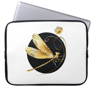 Golden dragonfly in black circle laptop sleeve