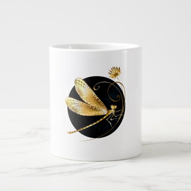 Golden dragonfly in black circle large coffee mug (Front)