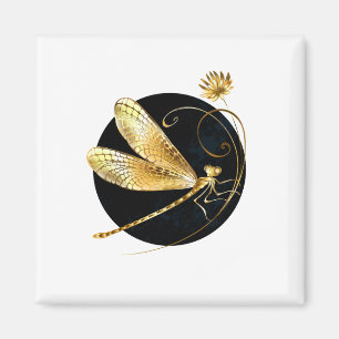 Golden dragonfly in black circle magnet