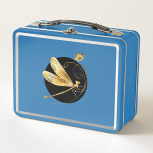 Golden dragonfly in black circle metal lunch box