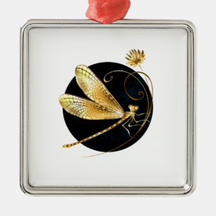 Golden dragonfly in black circle metal ornament