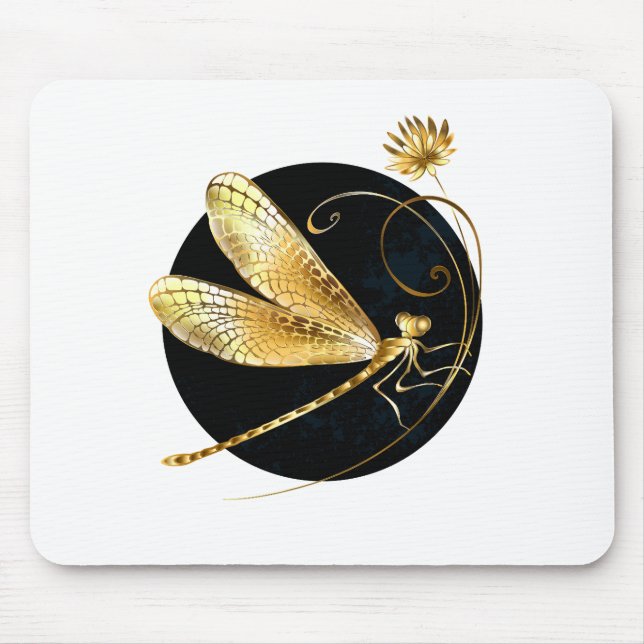 Golden dragonfly in black circle mouse pad (Front)