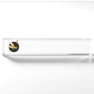 Golden dragonfly in black circle nameplate