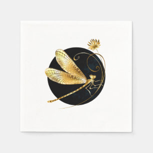 Golden dragonfly in black circle napkin