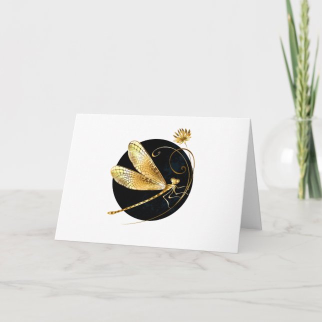 Golden dragonfly in black circle note card (Front)