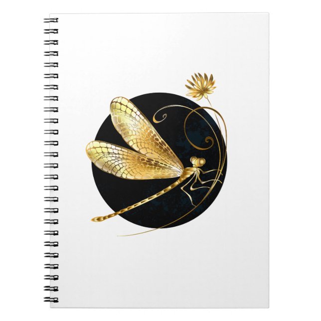 Golden dragonfly in black circle notebook (Front)