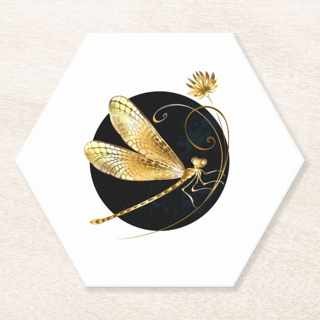 Golden dragonfly in black circle paper coaster (Front)