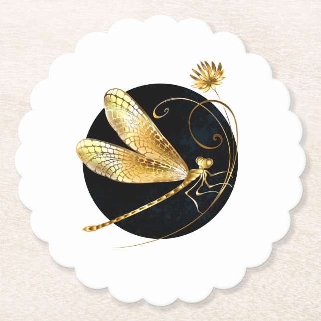 Golden dragonfly in black circle paper coaster (Front)
