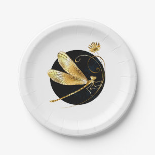 Golden dragonfly in black circle paper plate
