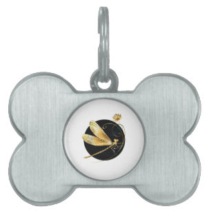 Golden dragonfly in black circle pet ID tag