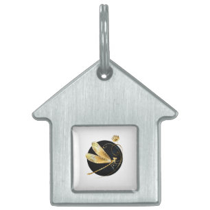 Golden dragonfly in black circle pet ID tag