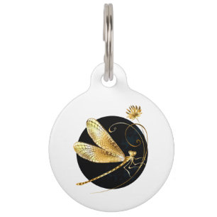 Golden dragonfly in black circle pet tag