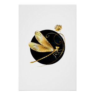 Golden dragonfly in black circle poster