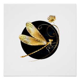 Golden dragonfly in black circle poster