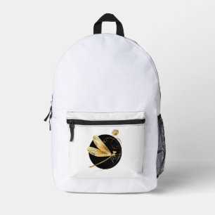 Golden dragonfly in black circle printed backpack