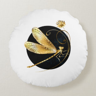 Golden dragonfly in black circle round cushion