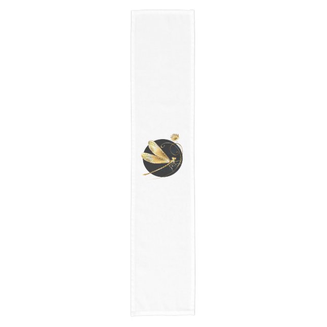 Golden dragonfly in black circle short table runner (Front)