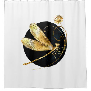 Golden dragonfly in black circle shower curtain