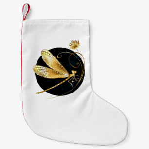 Golden dragonfly in black circle small christmas stocking